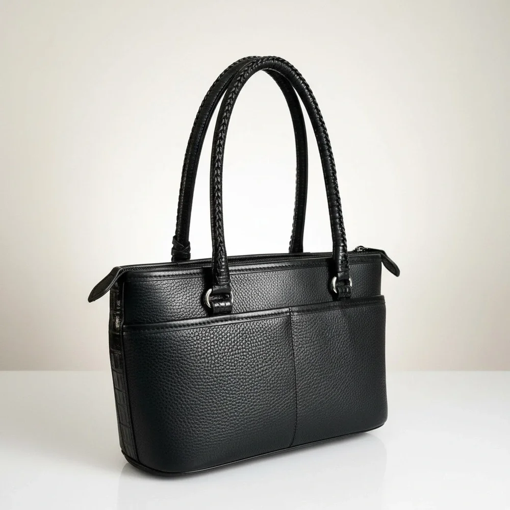 ✨Brighton Black Croc Embossed Leather Tote Heart Charm Plaid Lined Shoulder Bag✨